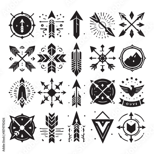 Collection of various tattoo arrows and feather designs