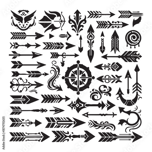 Collection of various tattoo arrows and feather designs