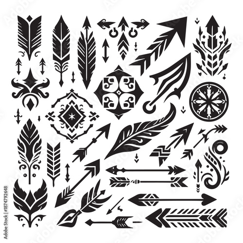 Collection of various tattoo arrows and feather designs