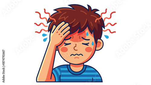 Sick boy with fever and headache feeling unwell.
