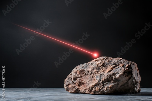 Rock with Abstract Red Laser Beam on Dark Background in Minimalist Artistic Composition