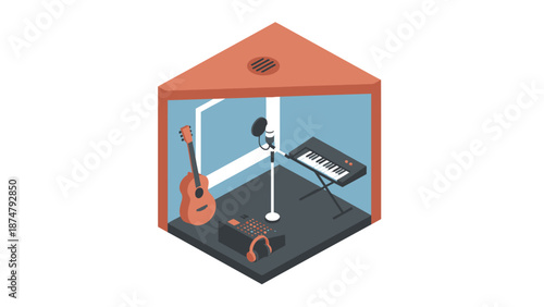 Small Music Recording Studio Booth with Instruments and Equipment.