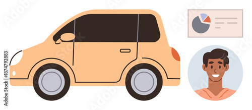 Transportation, mobility services, driver analytics, vehicle usage, ride-sharing, technology integration. A car alongside a chart and a smiling driver. Mobility services and driver analytics concept