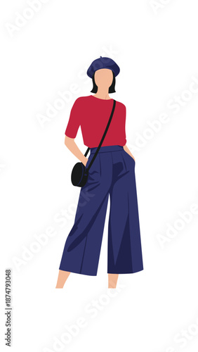 Stylish Woman Wearing Blue Beret and Wide Leg Pants.