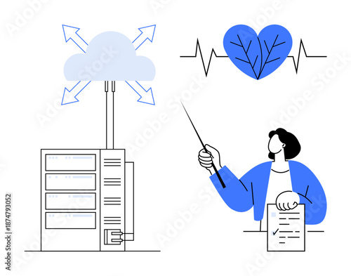 Cloud server connecting with arrows, heartbeat with leaf symbolizing eco-friendly technology, and a professional presenting data. Ideal for cloud computing, green tech, healthcare, innovation, data