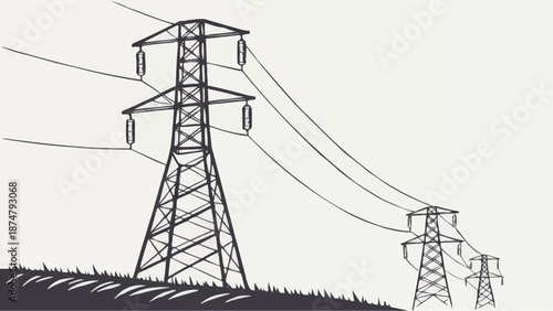 High voltage power lines and towers illustration on a light background for energy and utilities themes