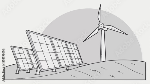 Illustration of solar panels and a wind turbine on a hillside for renewable energy and sustainability themes