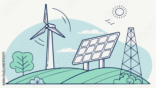 Illustration of renewable energy sources with wind turbine and solar panels on a light background for sustainability and eco-friendly themes