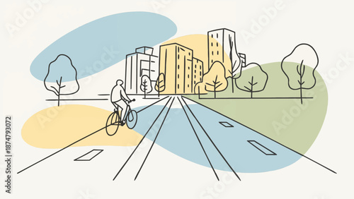 Bicyclist riding through a cityscape illustration on a light background for urban mobility and lifestyle themes
