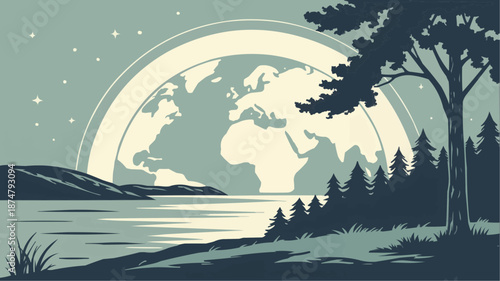 Moonlit landscape with the Earth and water reflection illustration on a light background for environmental and nature themes