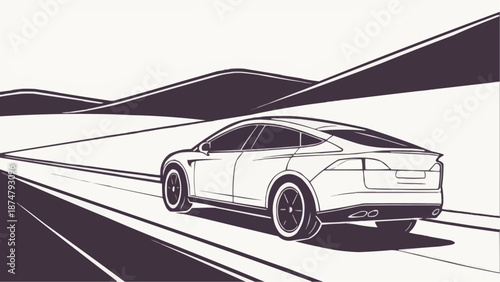 Sleek electric car driving on a road illustration on a light background for automotive and technology themes