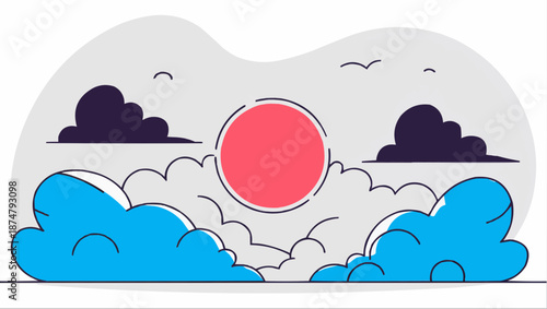 Colorful sunset illustration with clouds on a light background for nature and atmospheric themes
