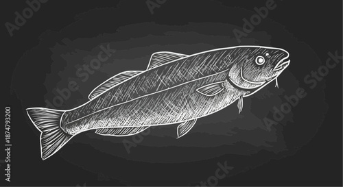 Fish illustration on a black background for culinary and seafood themes