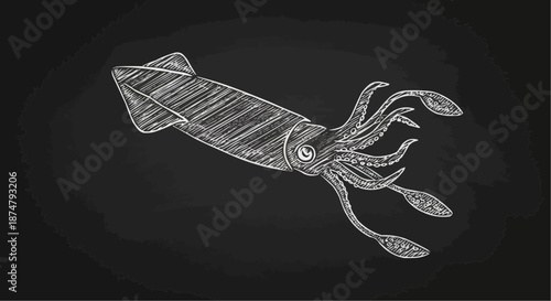 Squid illustration on a black background for culinary and seafood themes