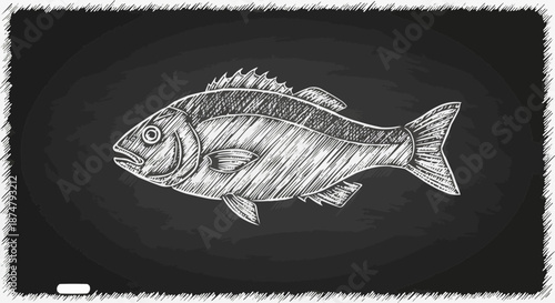 Detailed fish illustration on a blackboard background for culinary and seafood themes