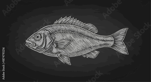 Detailed fish illustration on a black background for culinary and seafood themes