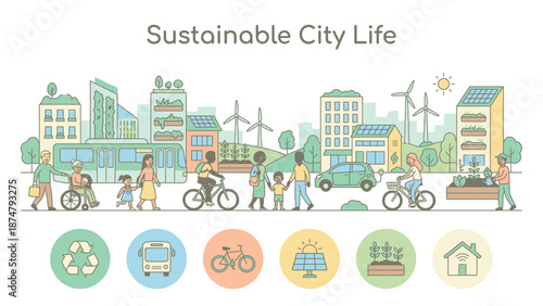 Sustainable City Life with Eco-Friendly Transportation and Green Buildings.