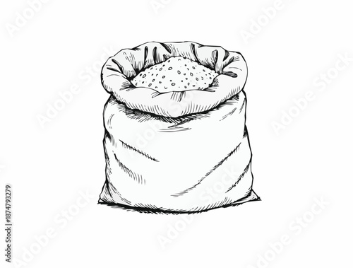 Sack filled with grains on a white background for agricultural and food themes