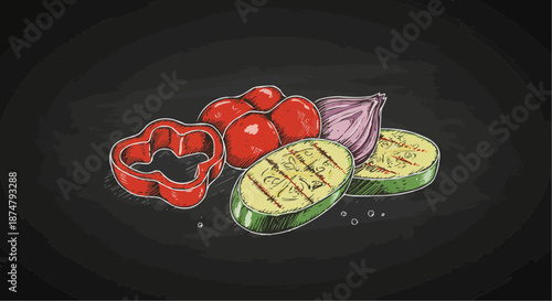 Assorted vegetables with a cookie cutter on a black background for culinary and healthy eating themes