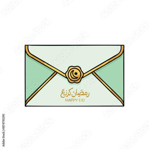 Free Download A serene Islamic greeting card design for Ramadhan featuring a mint green envelope with golden accents - GFXLoad