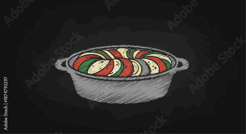 Baking dish of ratatouille on a black background for culinary and Mediterranean cuisine themes