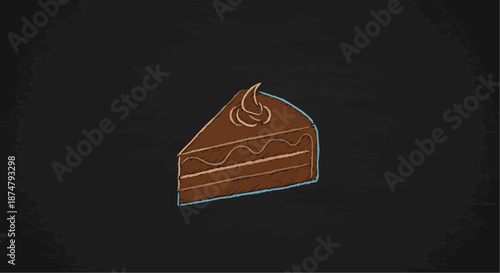 Slice of chocolate cake with cream on a black background for dessert and pastry themes