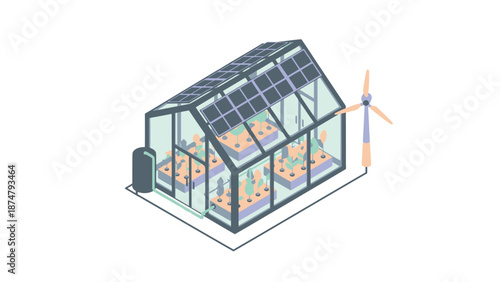 Sustainable Greenhouse with Solar Panels and Wind Turbine.