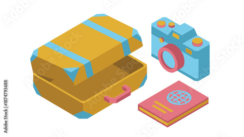 Travel Essentials Open Suitcase Camera and Passport Illustration.
