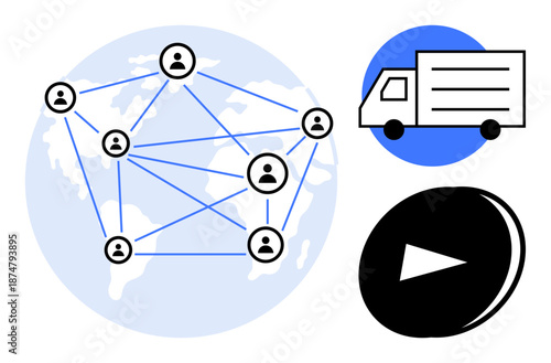 Networking, logistics, globalization, technology, connectivity, content streaming. Network of people across a globe map with a truck and play button. Networking and logistics concept