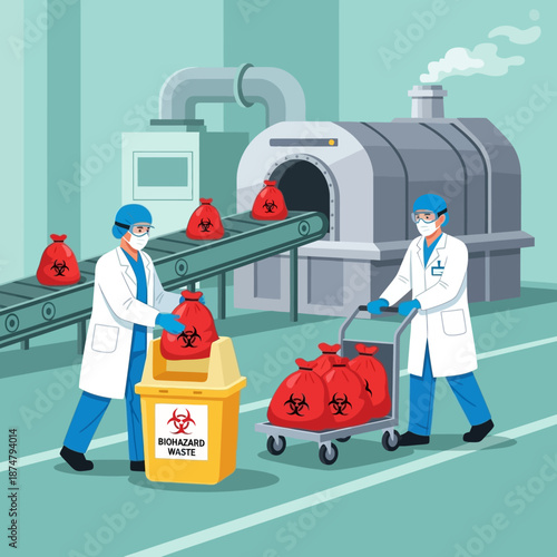 Medical professionals handling biohazard waste for incineration.