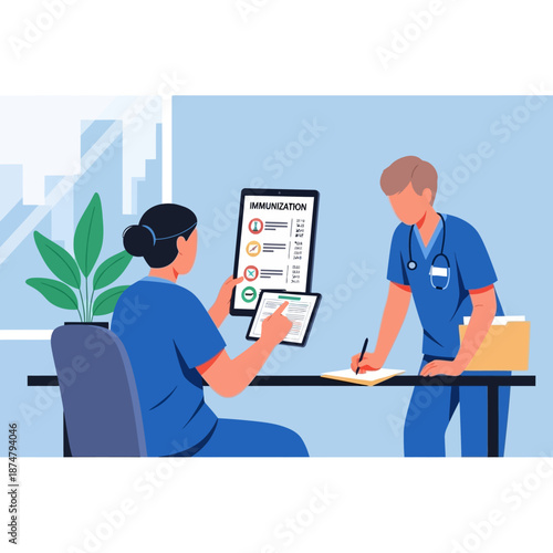 Medical professionals reviewing immunization records and patient information.