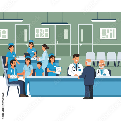 Medical staff and patients in a hospital reception area.