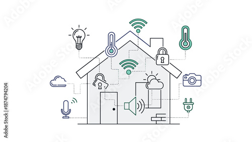 Smart home system with a house outline connected to various devices like lights, locks, cameras, and sensors for automation and security.
