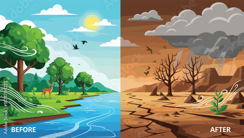 Split image contrasting a vibrant, healthy ecosystem with a river and trees, against a barren, dry landscape showing the effects of climate change.