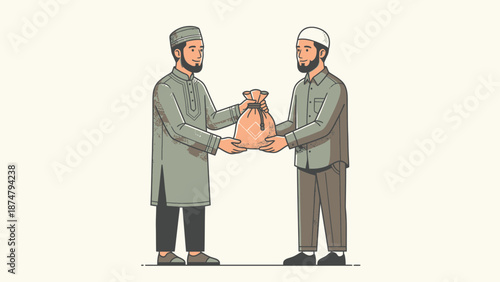 Two Muslim men exchanging a bag of money.