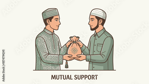 Two Muslim men sharing a bag of money for mutual support.