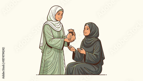 Two Muslim women sharing a gift in traditional attire.