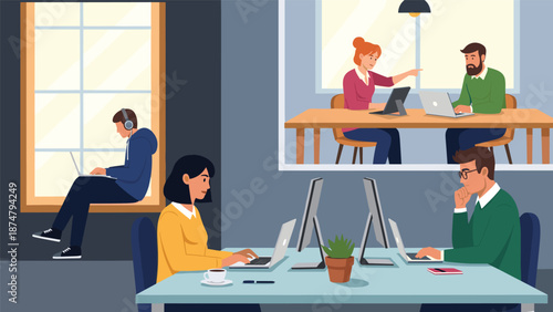 Diverse work environment showing people collaborating in an office, working remotely, and focusing on tasks with computers.