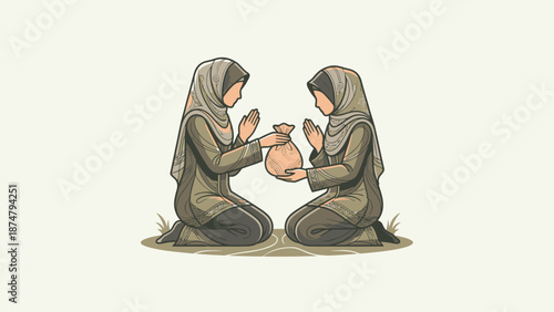 Two Muslim women in hijab sharing a gift.