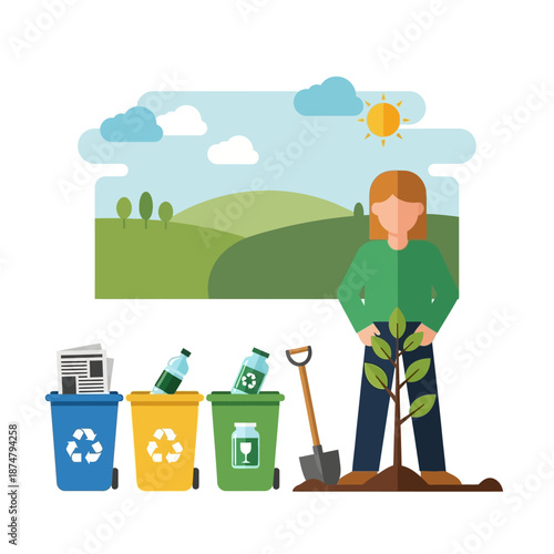 Woman planting a tree next to recycling bins, promoting environmental care.