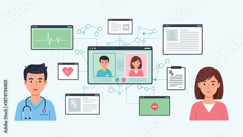 Telemedicine concept showing doctors and patients interacting remotely via video calls, with medical records and health data displayed.