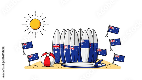 Australian Surfboards Displayed on a Sandy Beach Under the Sun with Flags of Australia and a Beach Ball