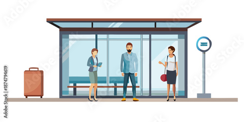 people waiting at a bus stop with luggage and sign