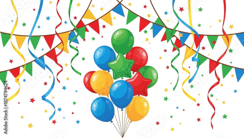 Celebration of joy with a vibrant bouquet of helium balloons, festive banners, and colorful confetti, creating a lively party atmosphere
