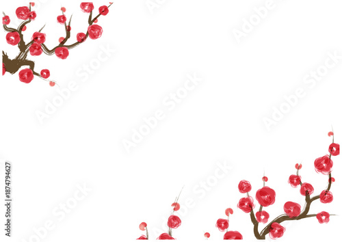 筆タッチ梅の枝花フレーム和風デザイン素材  ｜Japanese plum blossom frame, brush style