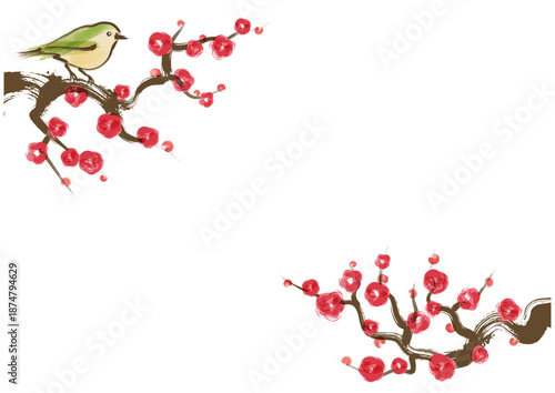 梅とウグイス 筆書き和風フレーム