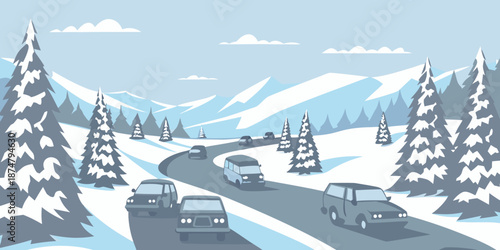 a snowy mountain road with cars driving on it