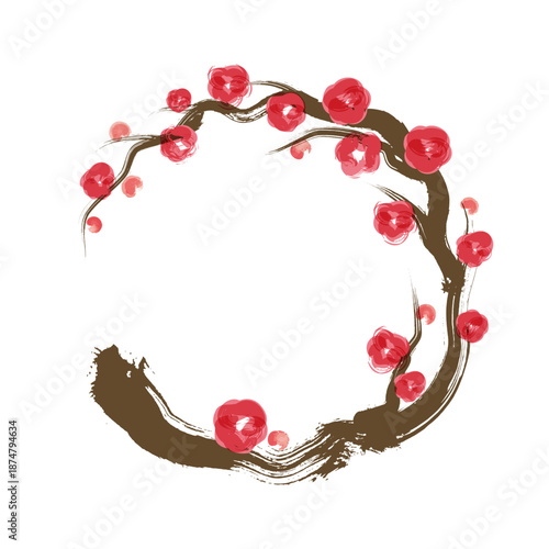 梅の枝花筆タッチ丸型フレーム 和風リース 