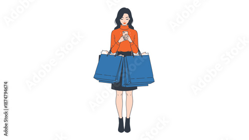 Woman holding many shopping bags and phone.