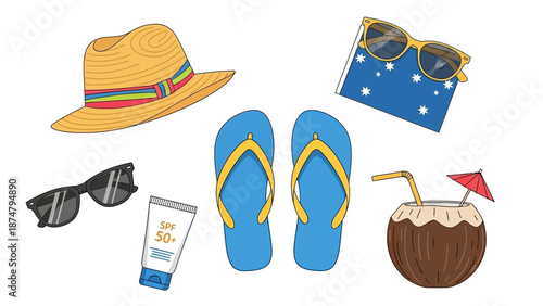 Summer vacation essentials straw hat, sunglasses, flip-flops, sunscreen, and tropical drink for a perfect beach day